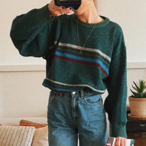 Retro Round Neck Striped Print Sweatshirt - Yiyistories.com 