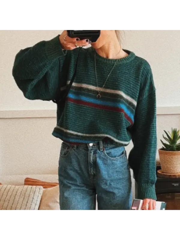 Retro Round Neck Striped Print Sweatshirt - Ootdmw.com 