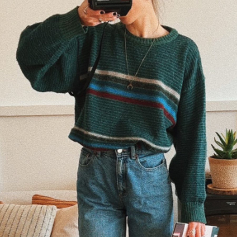 

Retro Round Neck Striped Print Sweatshirt