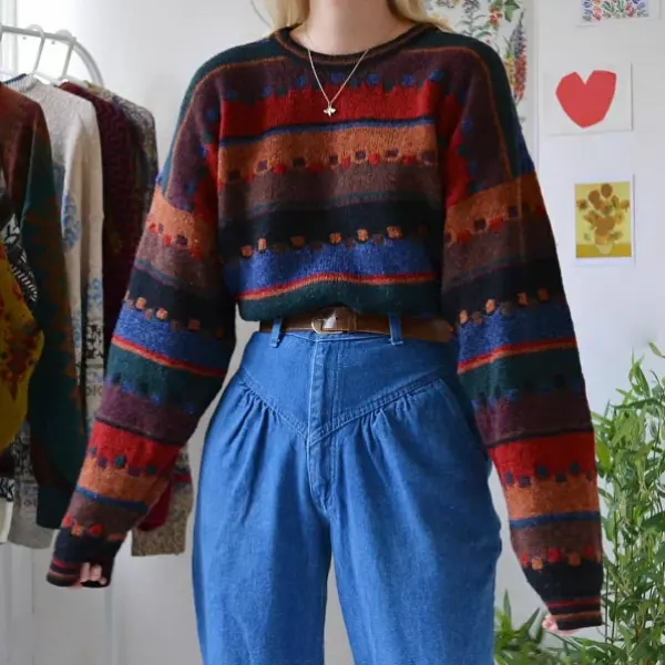 Retro Print Patchwork Long-sleeved Sweatshirt - Nicheten.com 