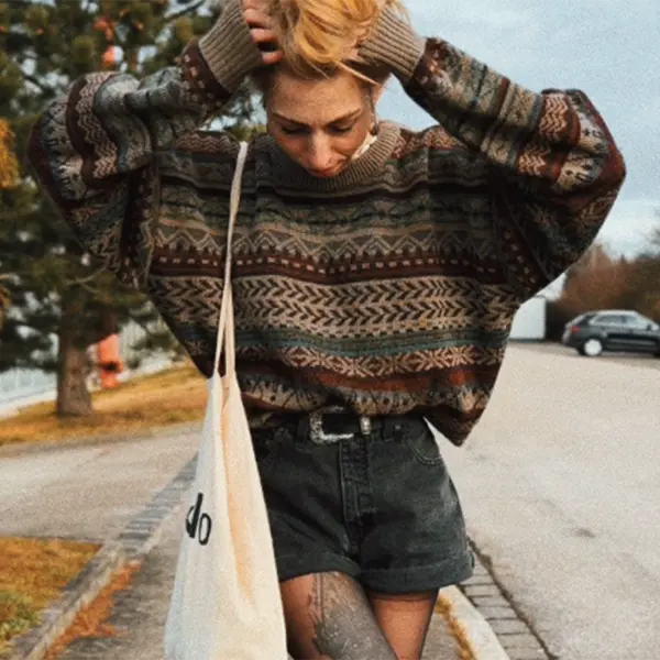 Retro Striped Ethnic Print Sweatshirt - Cotosen.com