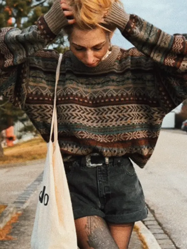 Retro Striped Ethnic Print Sweatshirt - Pragmaace.com 