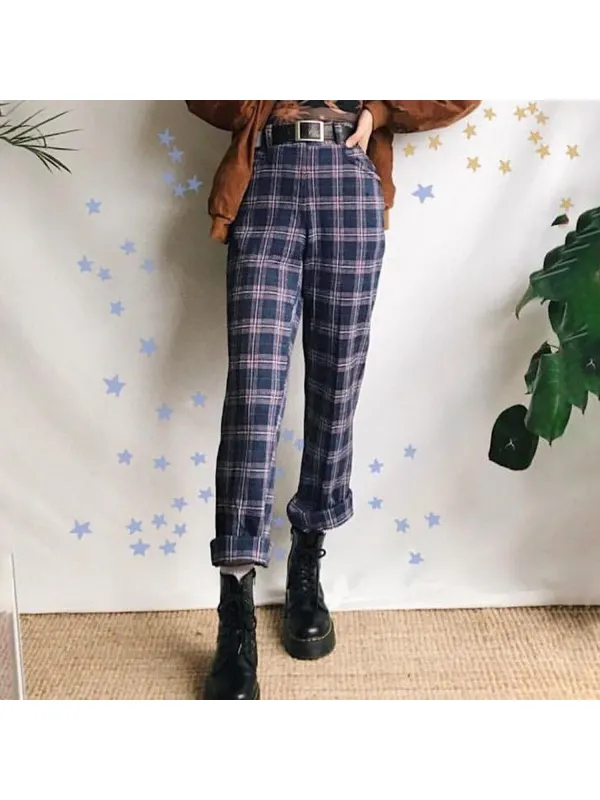 Women's Vintage Plaid Trousers - Anrider.com 