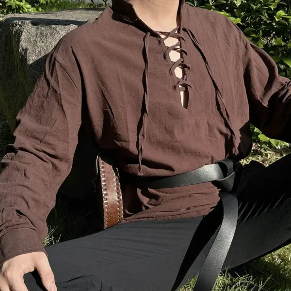 Men's Vintage Linen Medieval Viking Casual Long Sleeve Shirt - Localziv.com 