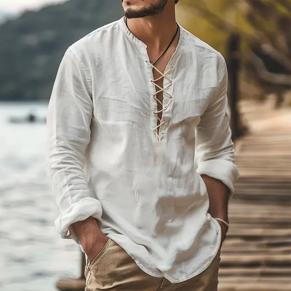 Men's Linen Renaissance Viking Long Sleeve Shirt - Yiyistories.com 