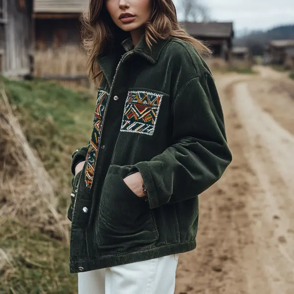 Outdoor Autumn And Winter Retro Ethnic Style Women's Casual Corduroy Lapel Jacket Top - Nicheten.com 