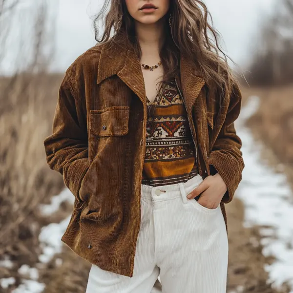 Outdoor Autumn And Winter Retro Ethnic Style Women's Casual Corduroy Lapel Jacket Top - Yiyistories.com 