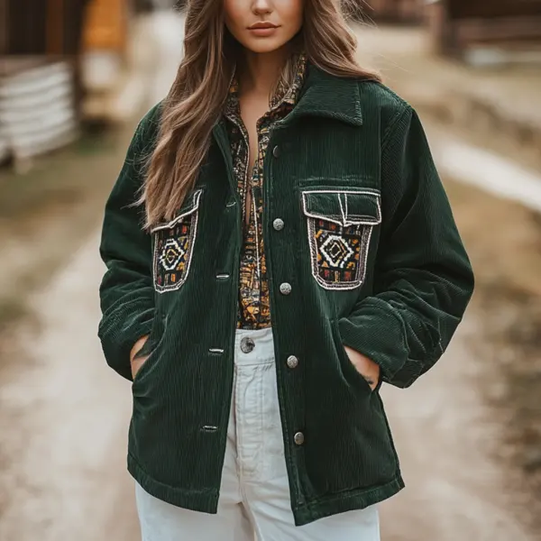 Outdoor Autumn And Winter Retro Ethnic Style Women's Casual Corduroy Lapel Jacket Top - Dozenlive.com 