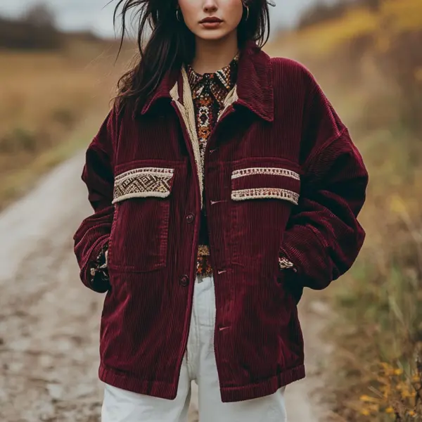 Outdoor Autumn And Winter Retro Ethnic Style Women's Casual Corduroy Lapel Jacket Top - Yiyistories.com 