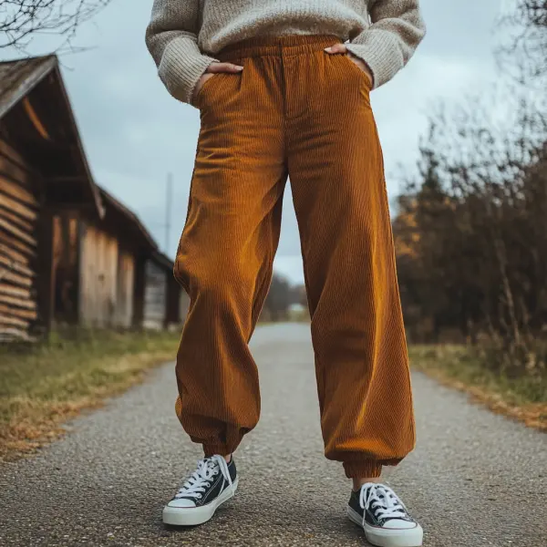 Women's Loose Corduroy Casual Trousers, Simple And Comfortable Elastic Waist Small Leg Trousers - Yiyistories.com 