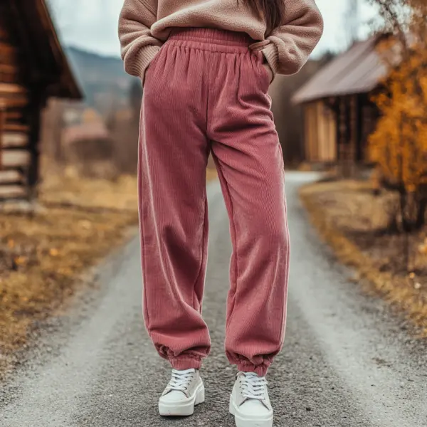 Women's Loose Corduroy Casual Trousers, Simple And Comfortable Elastic Waist Small Leg Trousers - Nicheten.com 