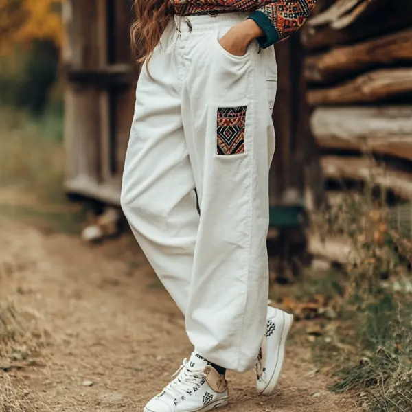 Women's Loose Corduroy Casual Trousers, Simple Ethnic Style Comfortable Elastic Waist Small Leg Trousers - Nicheten.com 