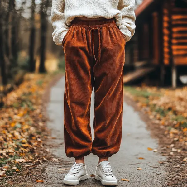 Women's Loose Corduroy Casual Trousers, Simple And Comfortable Elastic Waist Small Leg Trousers - Dozenlive.com 