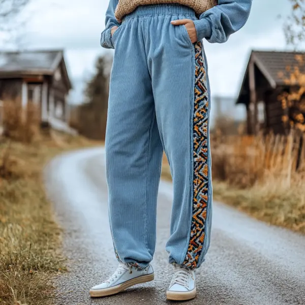 Women's Loose Corduroy Casual Trousers, Simple Ethnic Style Comfortable Elastic Waist Small Leg Trousers - Nicheten.com 