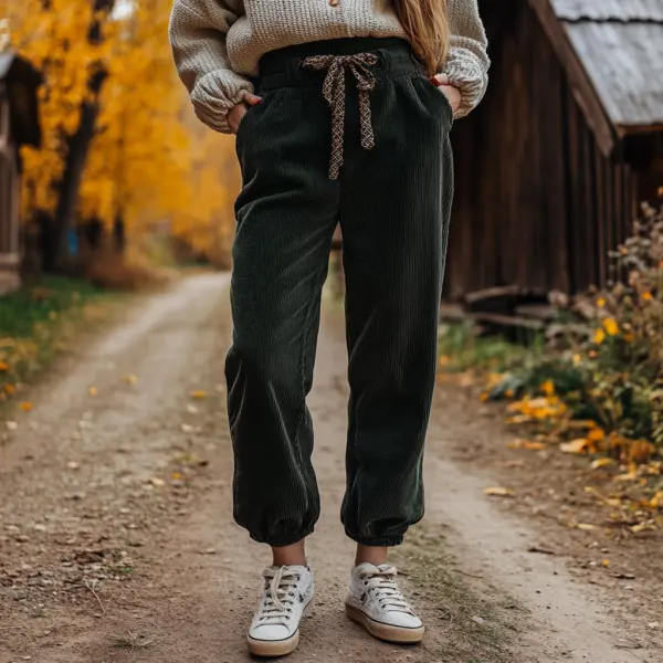 Women's Loose Corduroy Casual Trousers, Simple And Comfortable Elastic Waist Small Leg Trousers - Yiyistories.com 