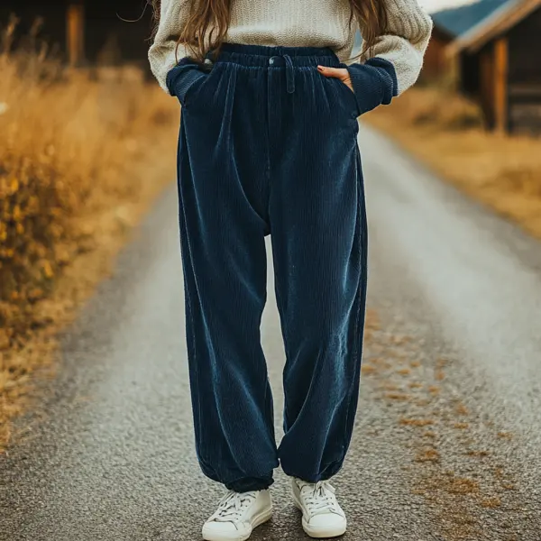 Women's Loose Corduroy Casual Trousers, Simple And Comfortable Elastic Waist Small Leg Trousers - Anurvogel.com 