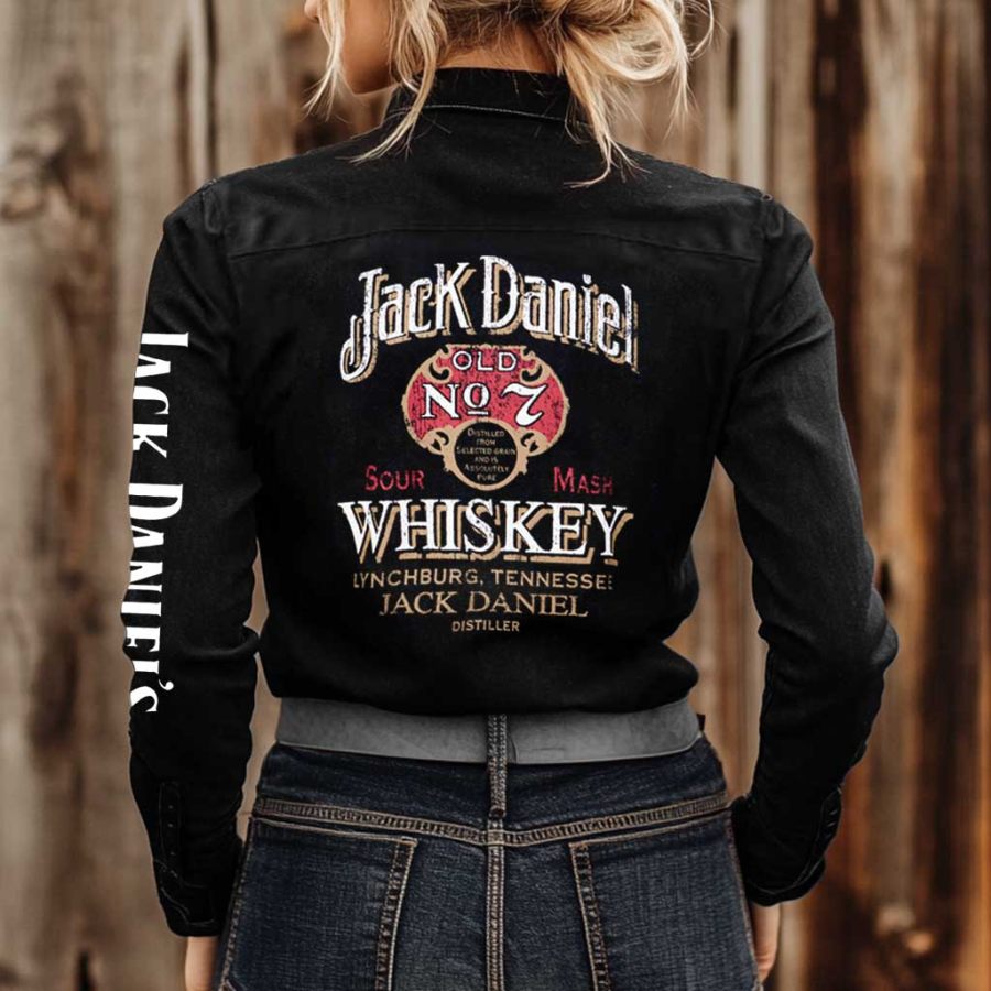 

Women's Western Cowgirl PBR Whiskey Print Pocket Long Sleeve Black Shirts