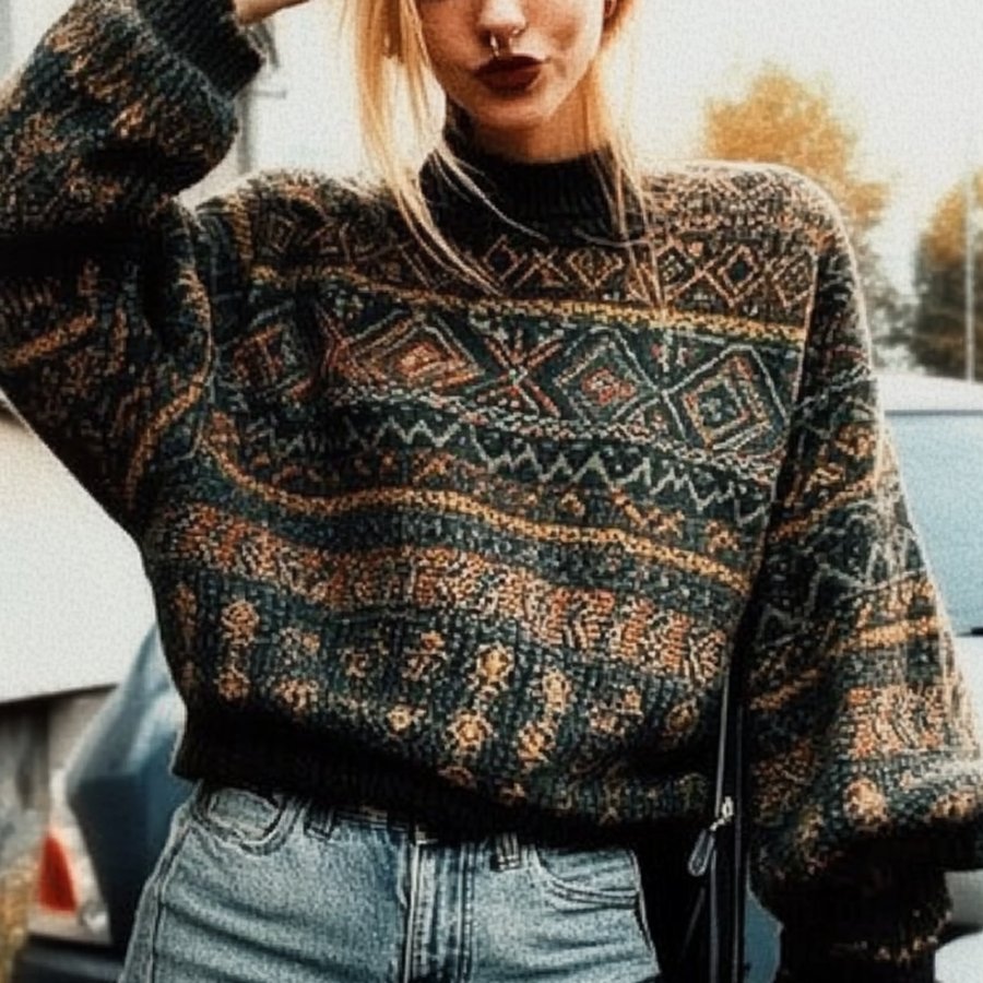 

Women's Vintage Deep Drown Ethnic Style Christmas Print Round Neck Oversized Sweatshirt