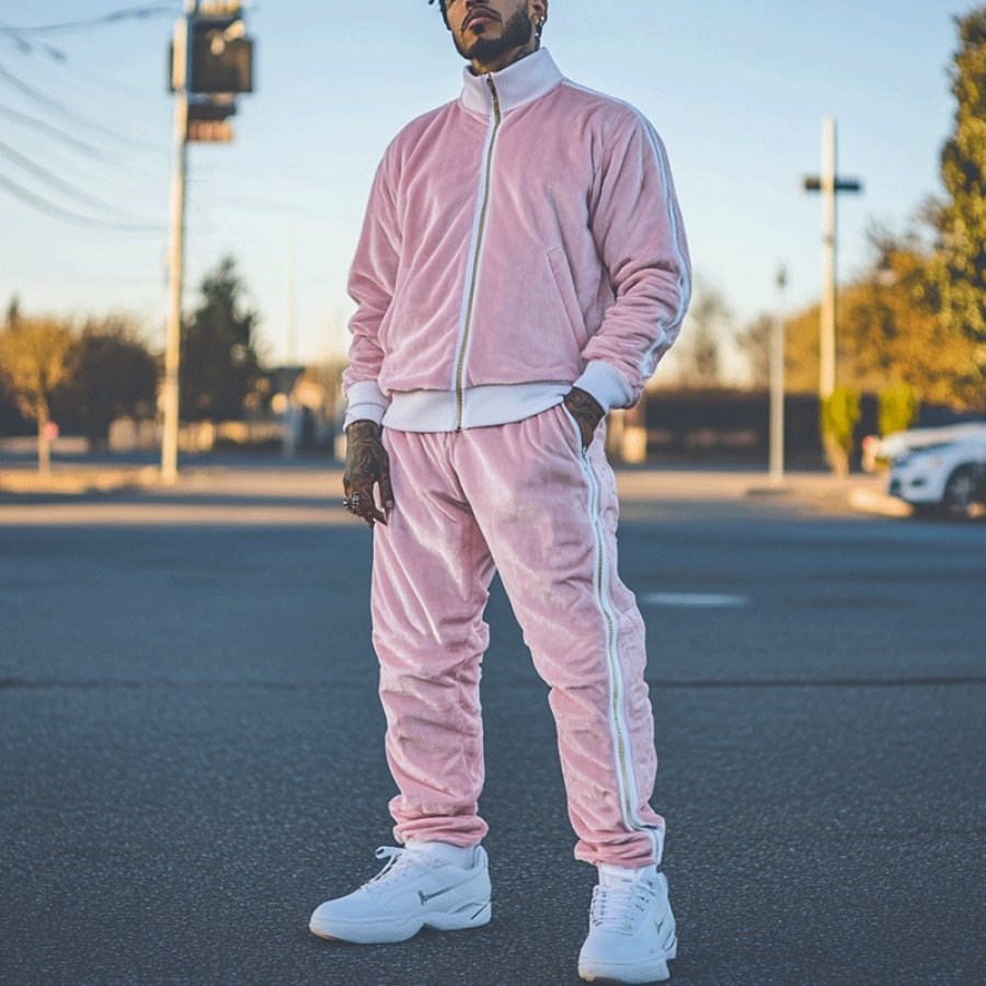 

Men's Pink Velour Tracksuit Set 2 Piece Zip Up Sweatshirt Jacket Zipper Drawstring Pants