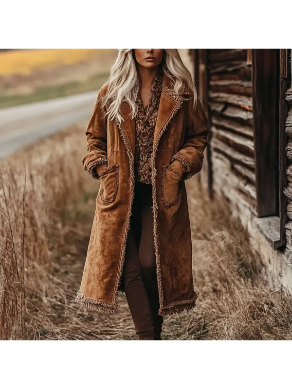 Retro Suede Trench Coat Women's Extra Long Jacket - Localziv.com 