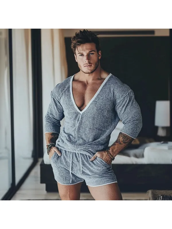 Men's Knitted V-neck Shorts Simple Multifunctional Set - Localziv.com 