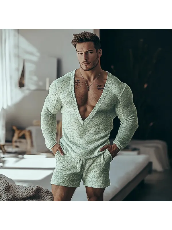 Men's Knitted V-neck Shorts Casual Pajamas Set - Localziv.com 