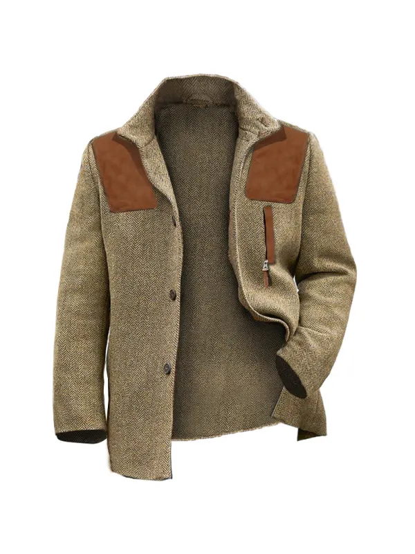 Men's Herringbone Blazer Suede Stitching Retro Business Casual Coat - Localziv.com 