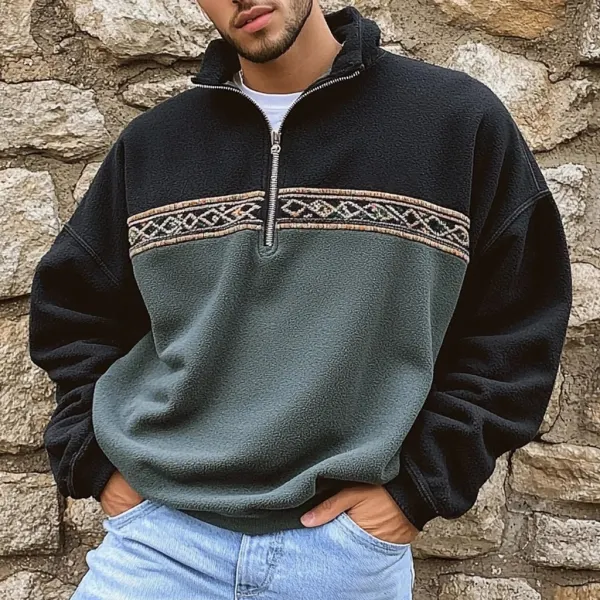 Unisex Polar Fleece Aztec Contrast Color Retro Polo Sweatshirt - Trisunshine.com 