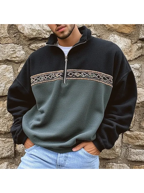 Unisex Polar Fleece Aztec Contrast Color Retro Polo Sweatshirt - Anrider.com 