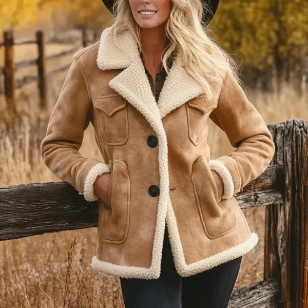 Women's Vintage Suede Multi-Pocket Fleece Lapel Shearling Coat Sherpa Lined Jacket - Cotosen.com 