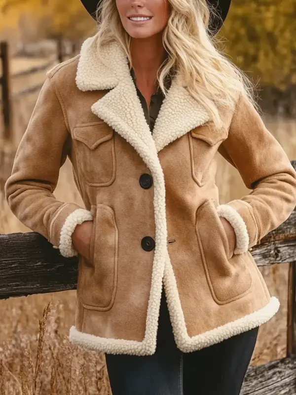 Women's Vintage Suede Multi-Pocket Fleece Lapel Shearling Coat Sherpa Lined Jacket - Wantbright.com 