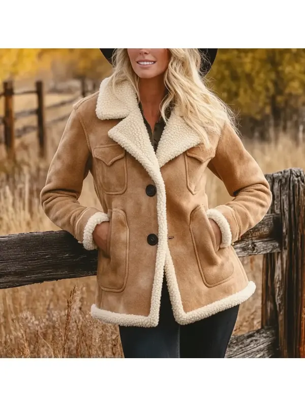 Women's Vintage Suede Multi-Pocket Fleece Lapel Shearling Coat Sherpa Lined Jacket - Viewbena.com 