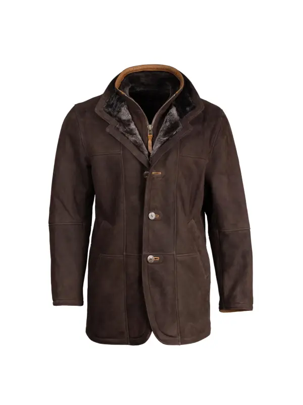 Men's Vintage Suede Double Layer Fleece Lapel Collar Mid-Length Coat Sherpa Collar Jacket - Aptkoi.com 