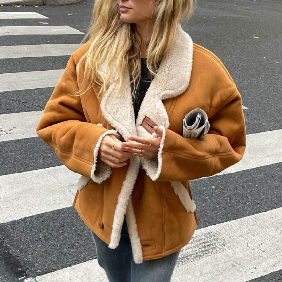 

Women's Vintage Suede Fleece Lapel Shearling Jacket