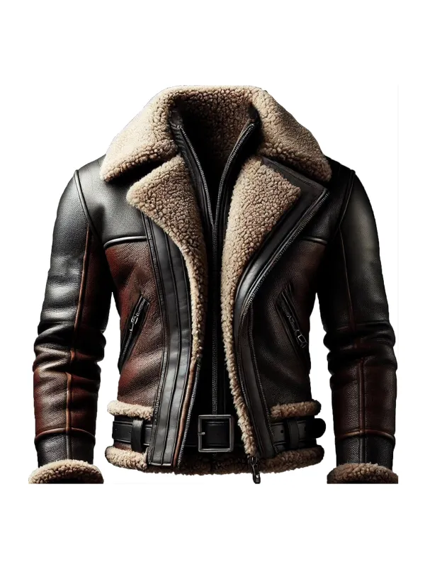 Men's Warm Contrast Color Leather Coat - Localziv.com 