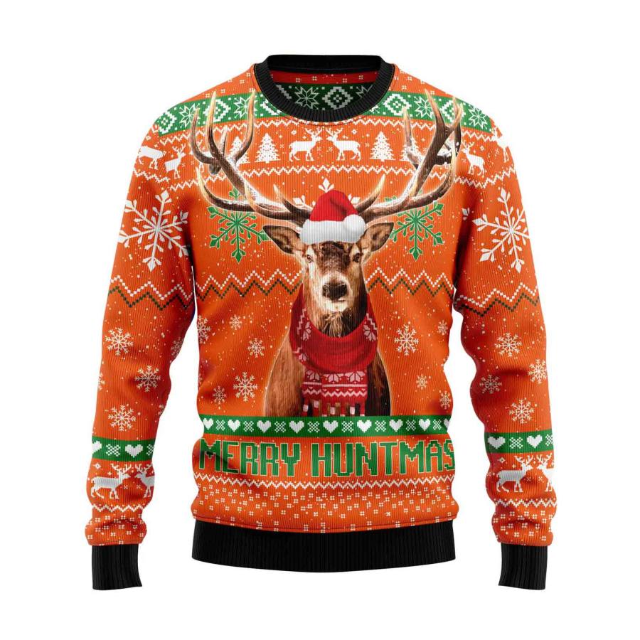 

Unisex Vintage Deer Merry Huntmas Print Crew Neck Ugly Christmas Sweatshirt