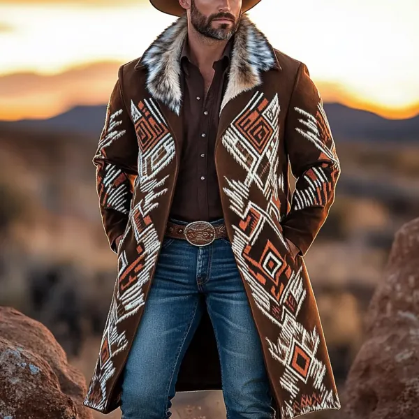 Western Cowboy Retro Aztec Print Ethnic Plush Warm Men's Coat Jacket - Trisunshine.com 