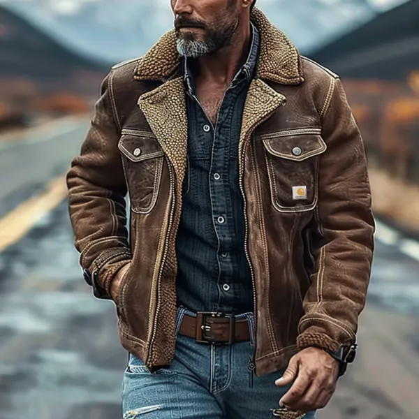 Men's Vintage Leather And Lambswool Western Warm Casual Leather Jacket - Yiyistories.com 