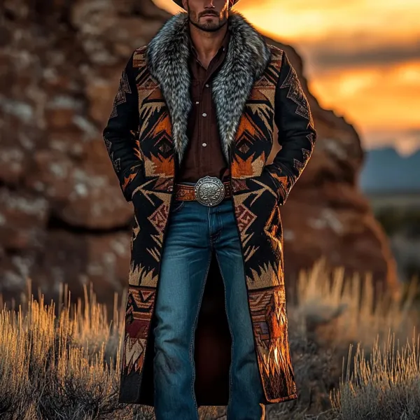 Western Cowboy Retro Aztec Print Ethnic Plush Warm Men's Coat Jacket - Trisunshine.com 