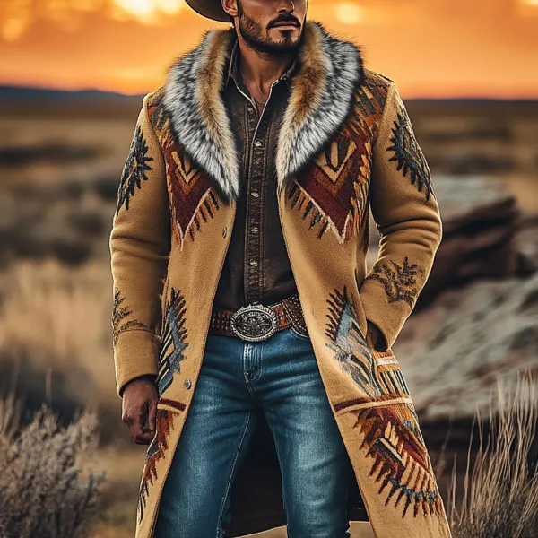 Western Cowboy Retro Aztec Print Ethnic Plush Warm Men's Coat Jacket - Trisunshine.com 