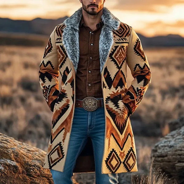 Western Cowboy Retro Aztec Print Ethnic Plush Warm Men's Coat Jacket - Trisunshine.com 