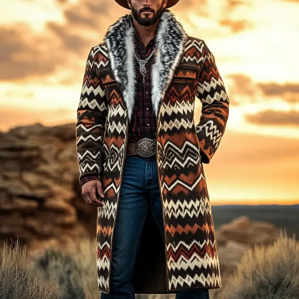 Western Cowboy Retro Aztec Print Ethnic Plush Warm Men's Coat Jacket - Dozenlive.com 