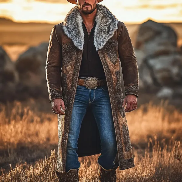 Western Cowboy Retro Aztec Print Ethnic Plush Warm Men's Coat Jacket - Trisunshine.com 