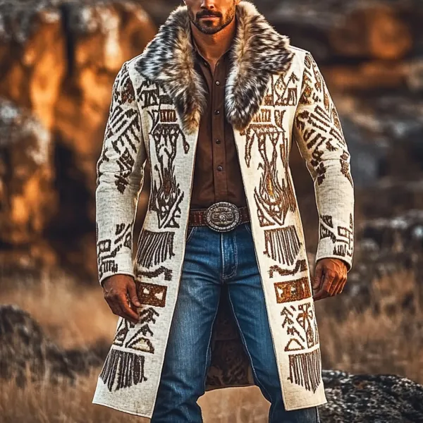 Western Cowboy Retro Aztec Print Ethnic Plush Warm Men's Coat Jacket - Yiyistories.com 