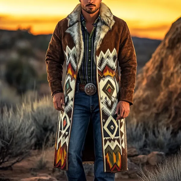 Western Cowboy Retro Aztec Print Ethnic Plush Warm Men's Coat Jacket - Trisunshine.com 