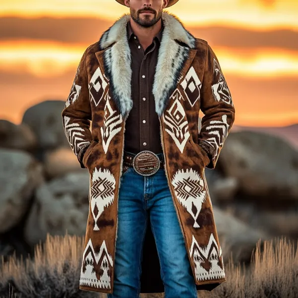 Western Cowboy Retro Aztec Print Ethnic Plush Warm Men's Coat Jacket - Trisunshine.com 