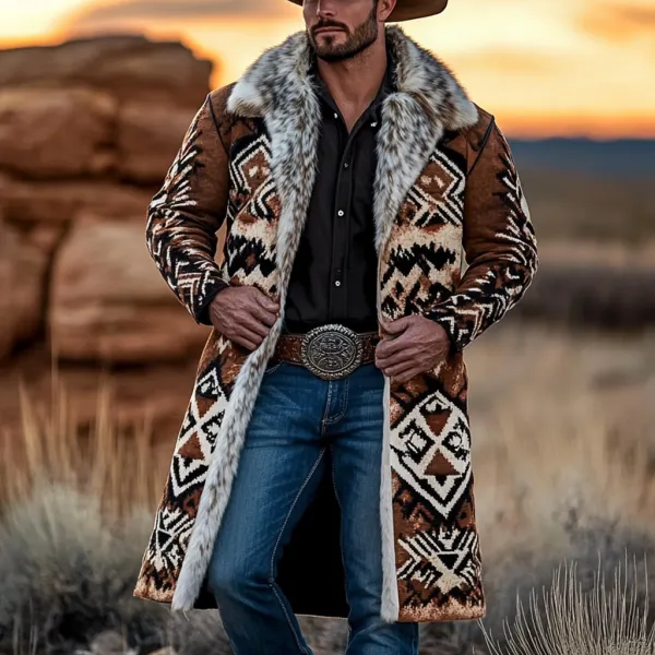 Western Cowboy Retro Aztec Print Ethnic Plush Warm Men's Coat Jacket - Trisunshine.com 