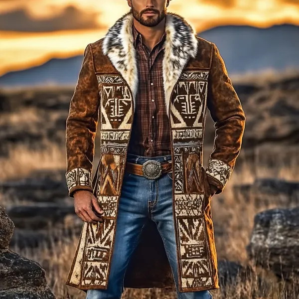 Western Cowboy Retro Aztec Print Ethnic Plush Warm Men's Coat Jacket - Trisunshine.com 