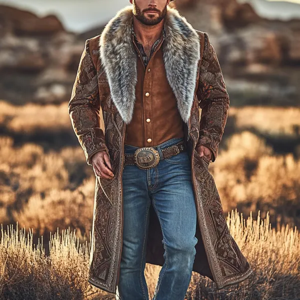 Western Cowboy Retro Aztec Print Ethnic Plush Warm Men's Coat Jacket - Trisunshine.com 