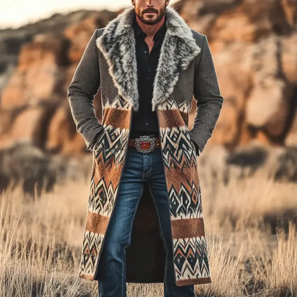 Western Cowboy Retro Aztec Print Ethnic Plush Warm Men's Coat Jacket - Dozenlive.com 